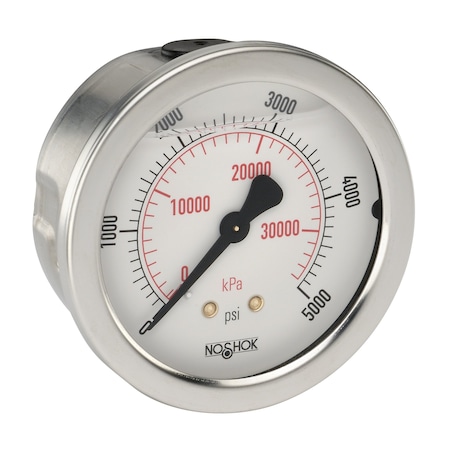 NOSHOK Pressure Gauge, 2.5" 304SS Case, Copper Alloy Internals, 2000 psi/bar, 1/4 NPT Male Bottom Conn, Glycerin Filled, 0.3mm Brass Press Fit Orifice 25-901-2000-psi/bar-BP3